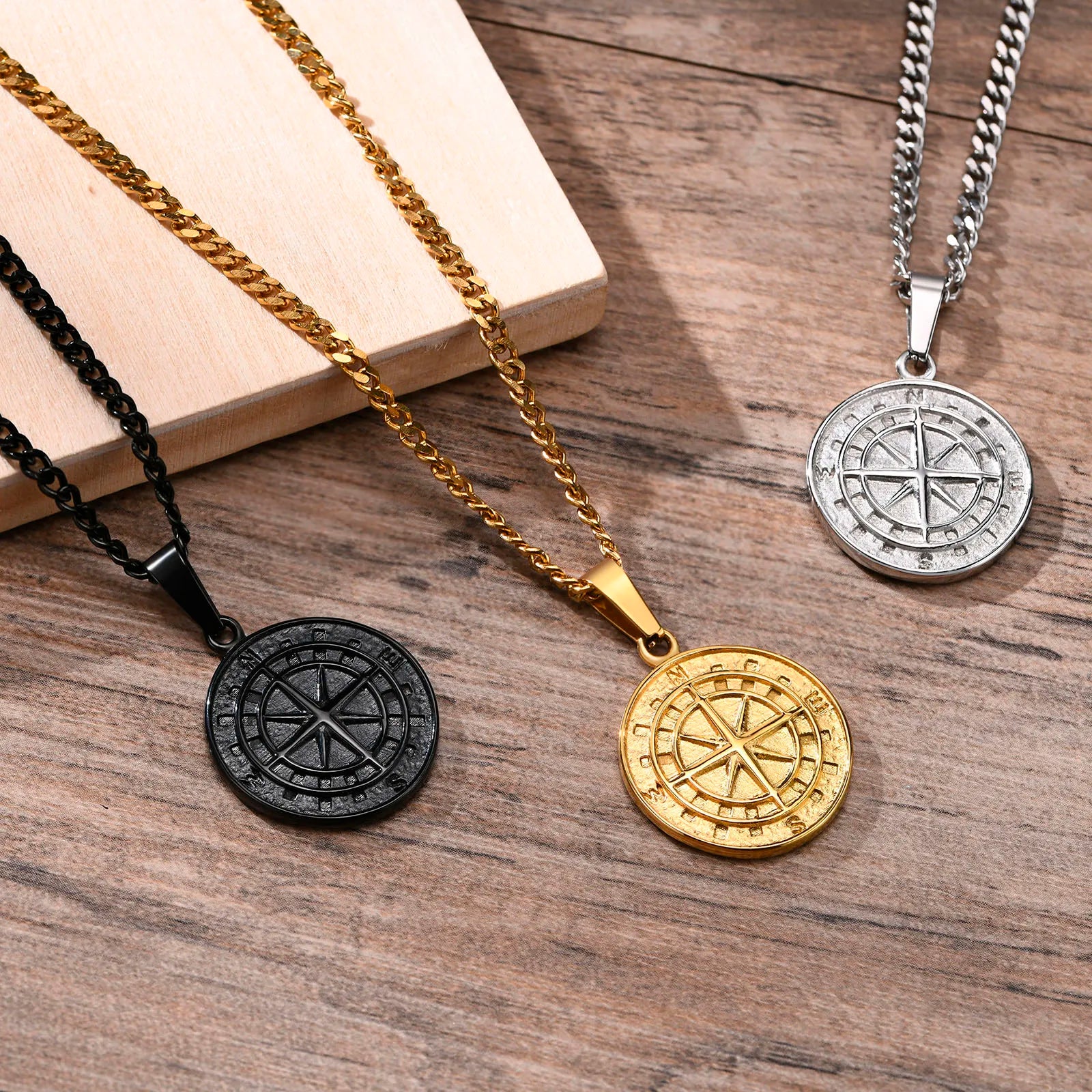 Gold Color Mens Compass Necklaces,Vintage Viking North Star Anchor Medal,Stainless Steel Pendant for Male Boyfriend Dad Gift