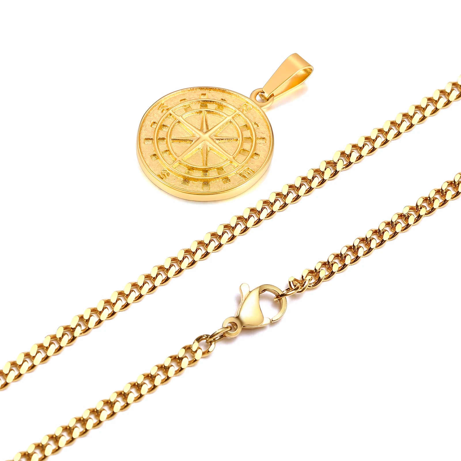 Gold Color Mens Compass Necklaces,Vintage Viking North Star Anchor Medal,Stainless Steel Pendant for Male Boyfriend Dad Gift
