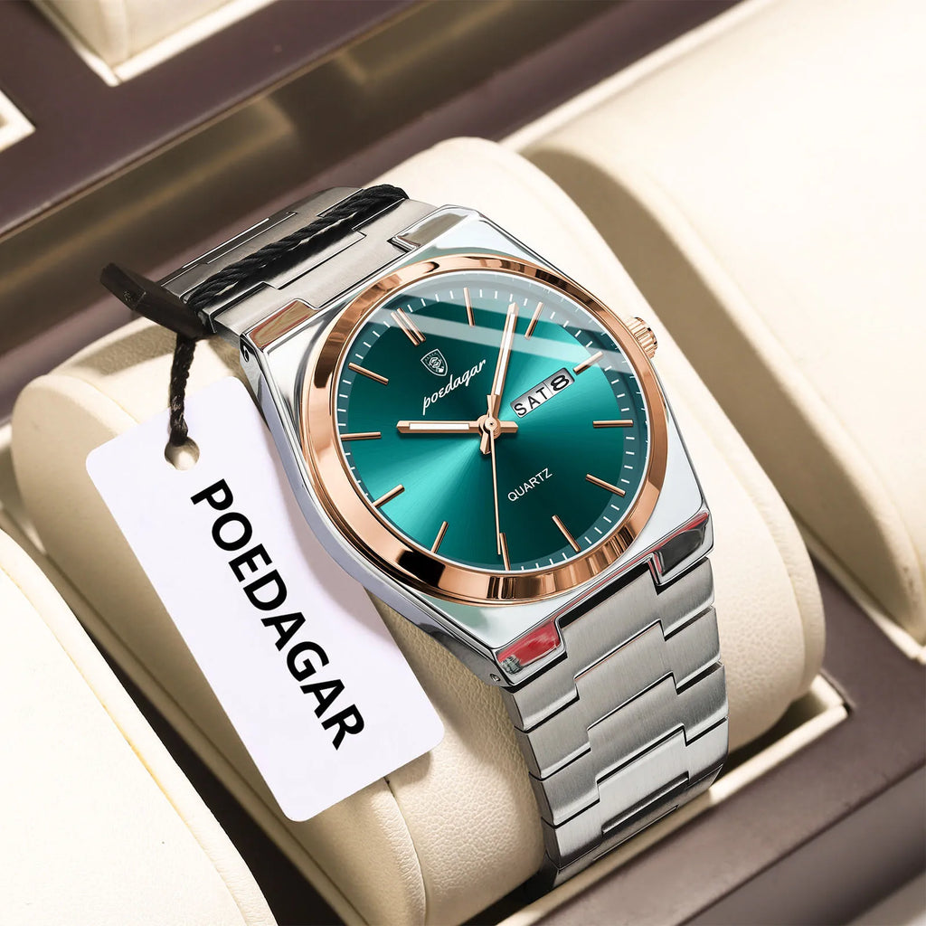 POEDAGAR Luxury Men's Quartz Wristwatch Waterproof Luminous Date Week Man Watch Stainless Steel Business Fashion Watches For Men
