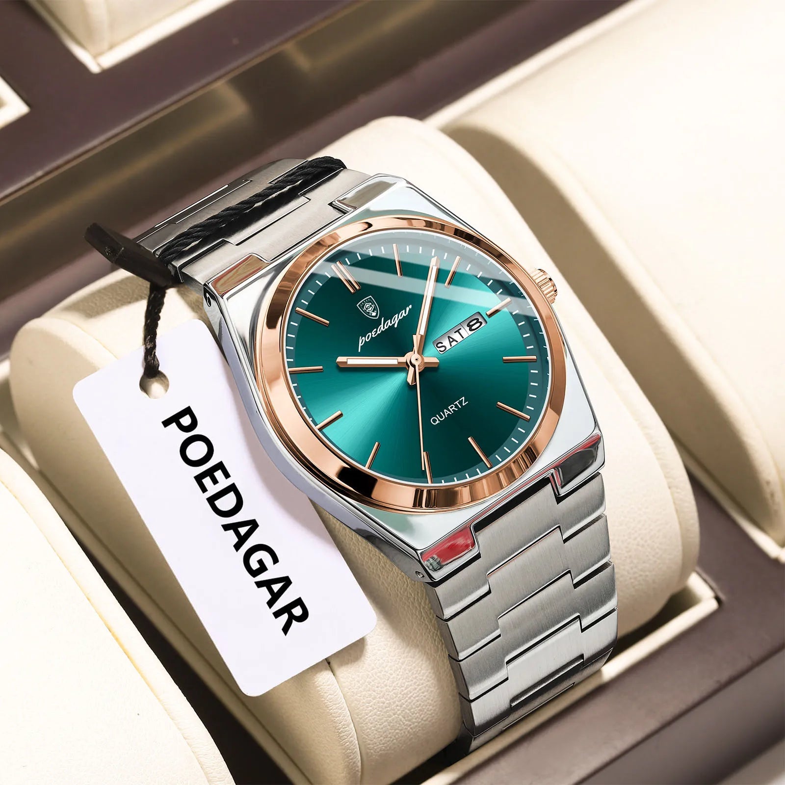 POEDAGAR Luxury Men's Quartz Wristwatch Waterproof Luminous Date Week Man Watch Stainless Steel Business Fashion Watches For Men