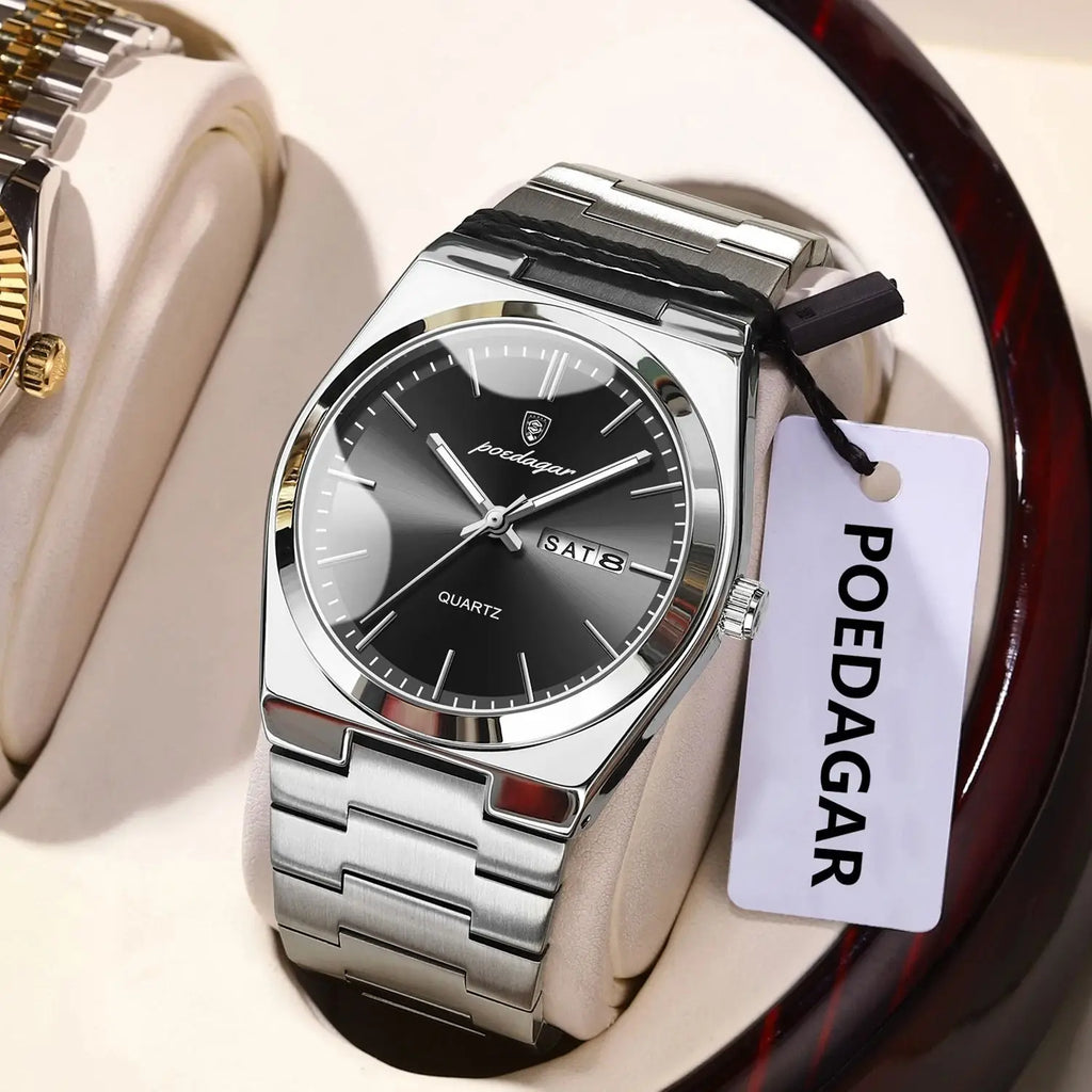 POEDAGAR Luxury Men's Quartz Wristwatch Waterproof Luminous Date Week Man Watch Stainless Steel Business Fashion Watches For Men