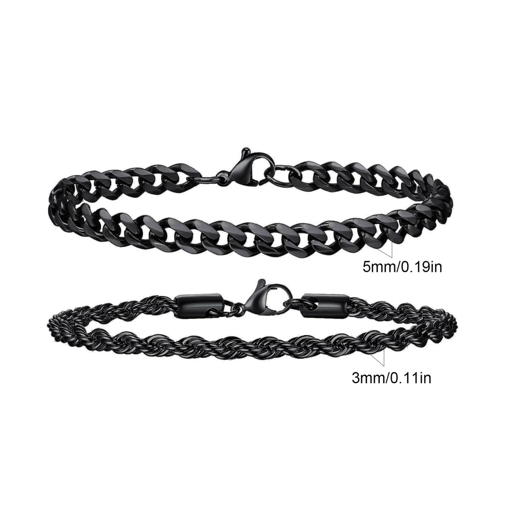 2pcs Men's Chain Bracelets,Stainless Steel Silver Gold Black Color Twist Rope Chain Wristband,Trendy Cuban Link Chains Gift