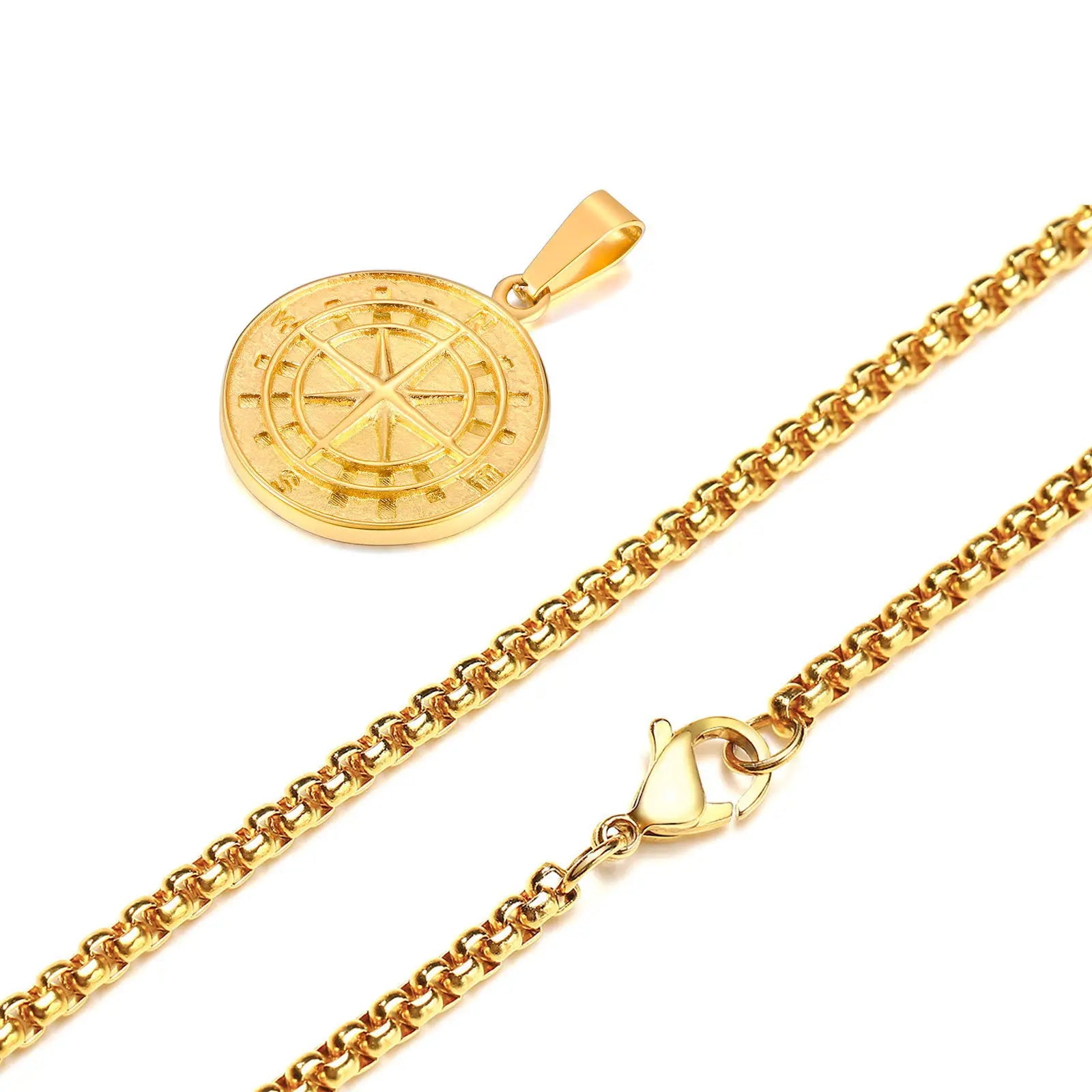 Gold Color Mens Compass Necklaces,Vintage Viking North Star Anchor Medal,Stainless Steel Pendant for Male Boyfriend Dad Gift