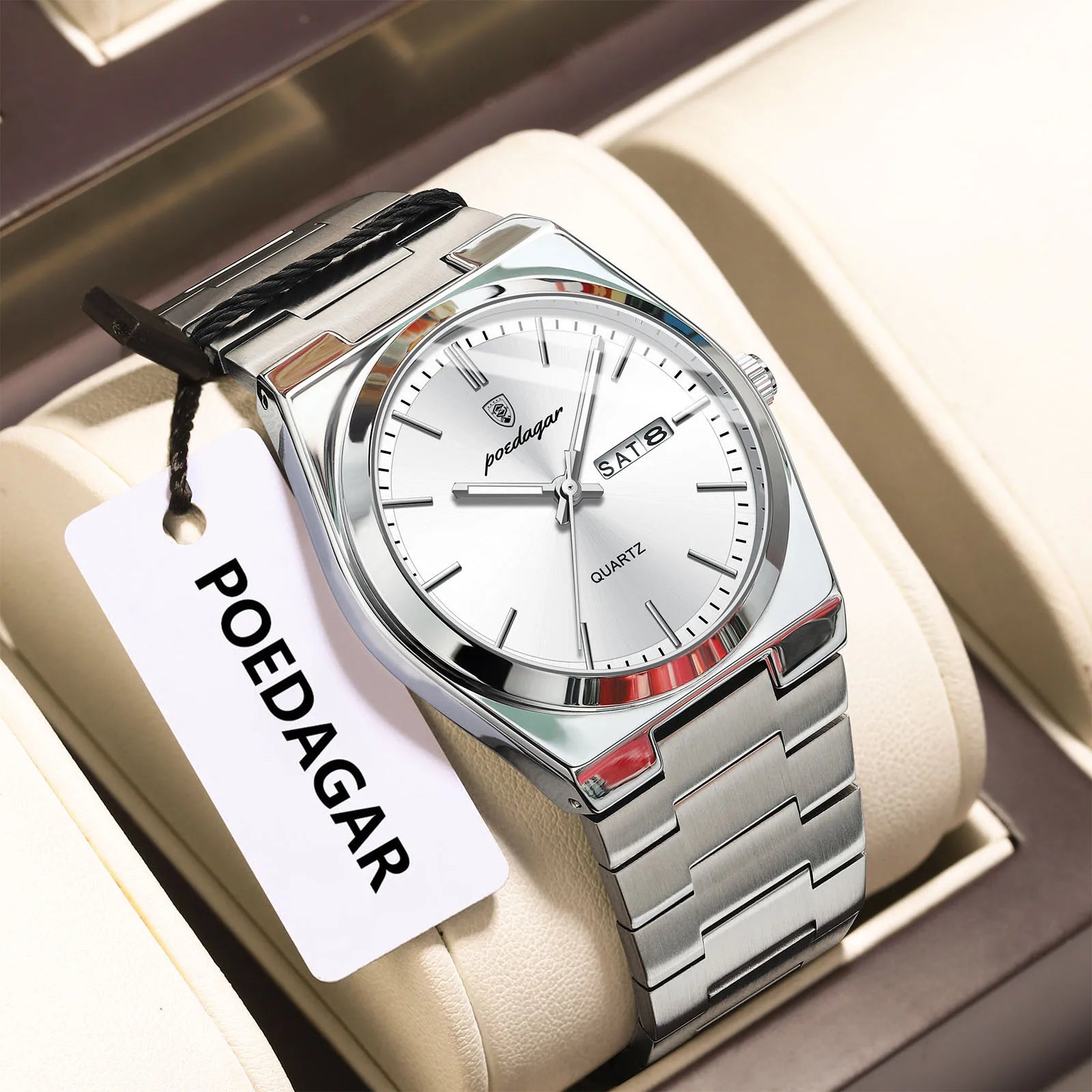 POEDAGAR Luxury Men's Quartz Wristwatch Waterproof Luminous Date Week Man Watch Stainless Steel Business Fashion Watches For Men