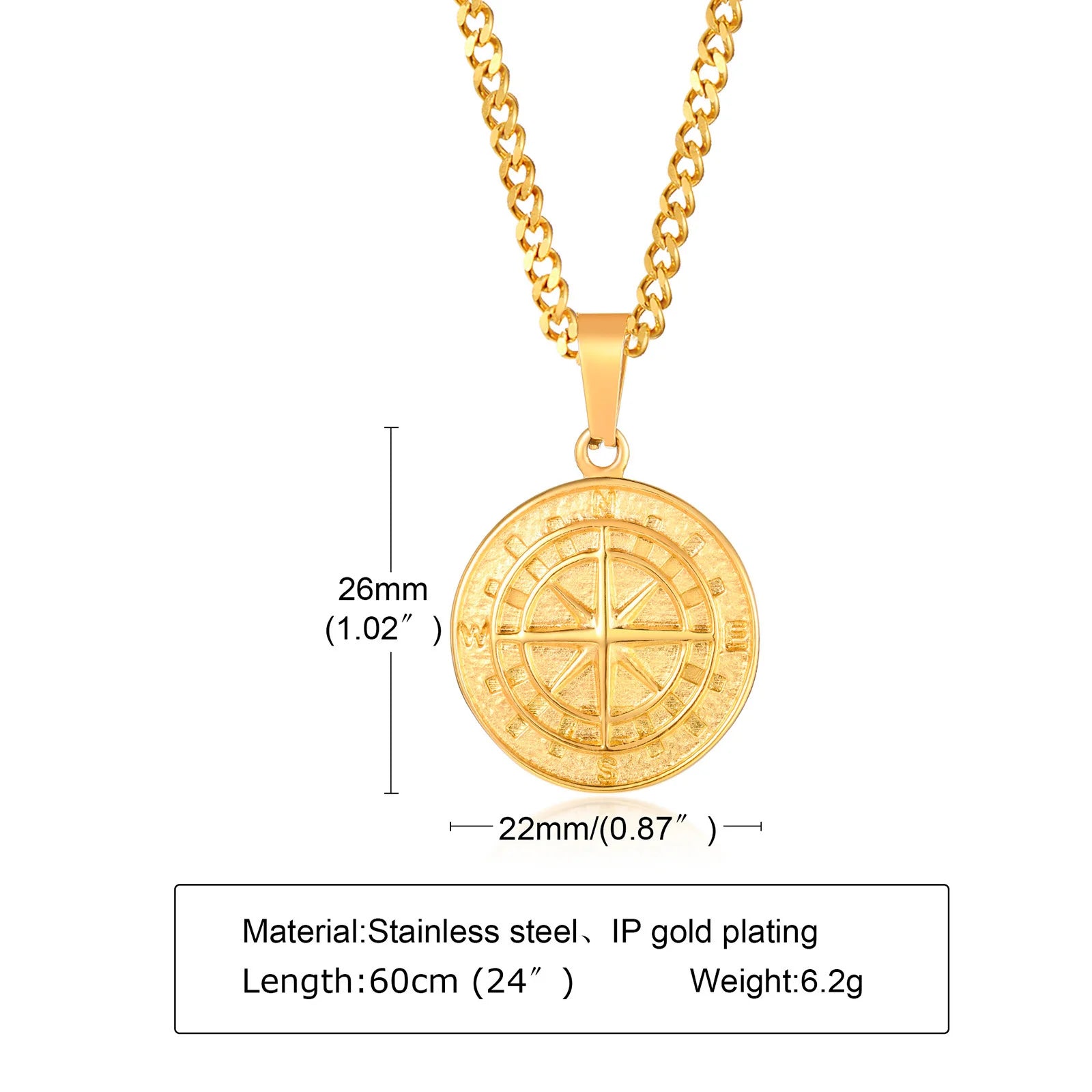 Gold Color Mens Compass Necklaces,Vintage Viking North Star Anchor Medal,Stainless Steel Pendant for Male Boyfriend Dad Gift