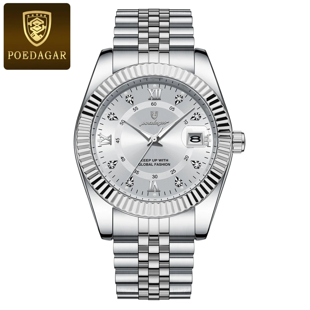 POEDAGAR Top Fashion Wristwatch For Men Waterproof Luminous Date Business Man Watch Stainless Steel Quartz Classic Men's Watches