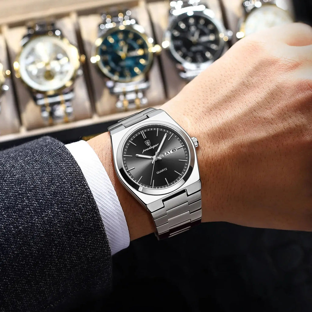 POEDAGAR Luxury Men's Quartz Wristwatch Waterproof Luminous Date Week Man Watch Stainless Steel Business Fashion Watches For Men