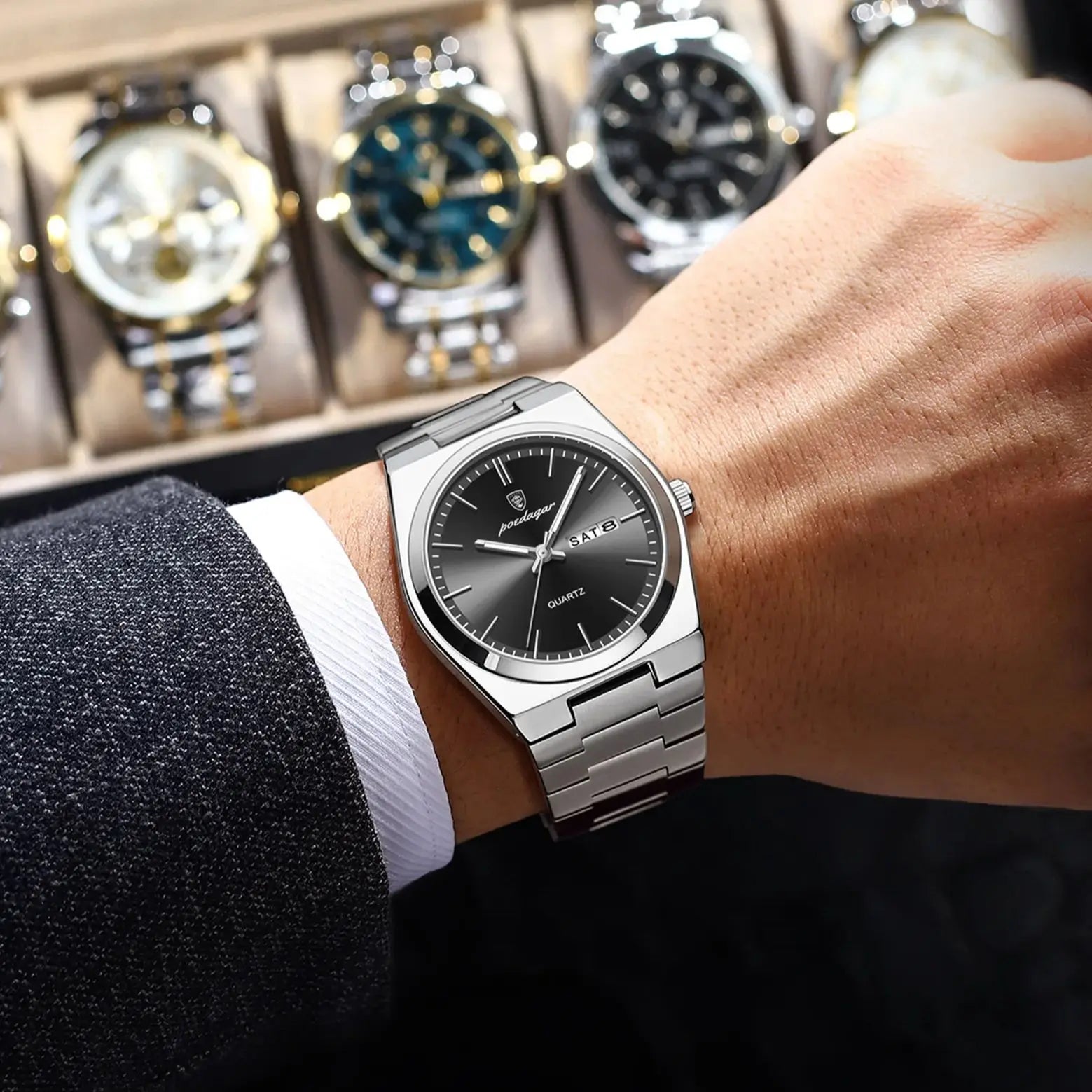 POEDAGAR Luxury Men's Quartz Wristwatch Waterproof Luminous Date Week Man Watch Stainless Steel Business Fashion Watches For Men