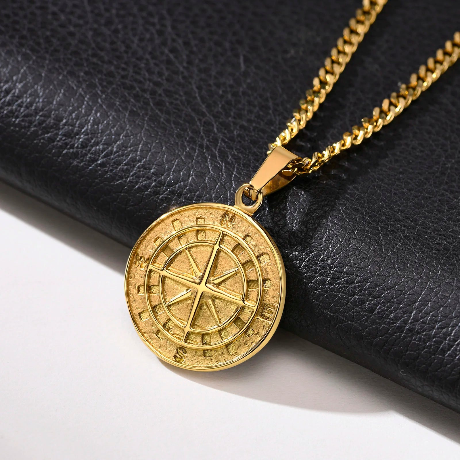 Gold Color Mens Compass Necklaces,Vintage Viking North Star Anchor Medal,Stainless Steel Pendant for Male Boyfriend Dad Gift