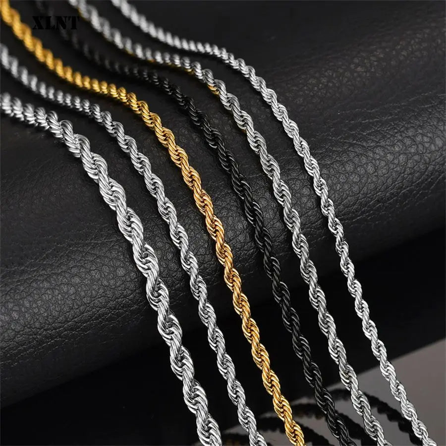 Ropes Long Necklace for Men Women,Stainless Steel Gold Color Twisted Rope Chain Collar,2/3/4/5mm Punk Basic Waterproof Jewelry