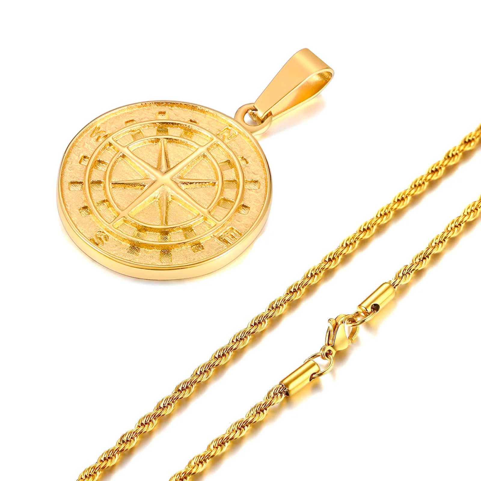Gold Color Mens Compass Necklaces,Vintage Viking North Star Anchor Medal,Stainless Steel Pendant for Male Boyfriend Dad Gift