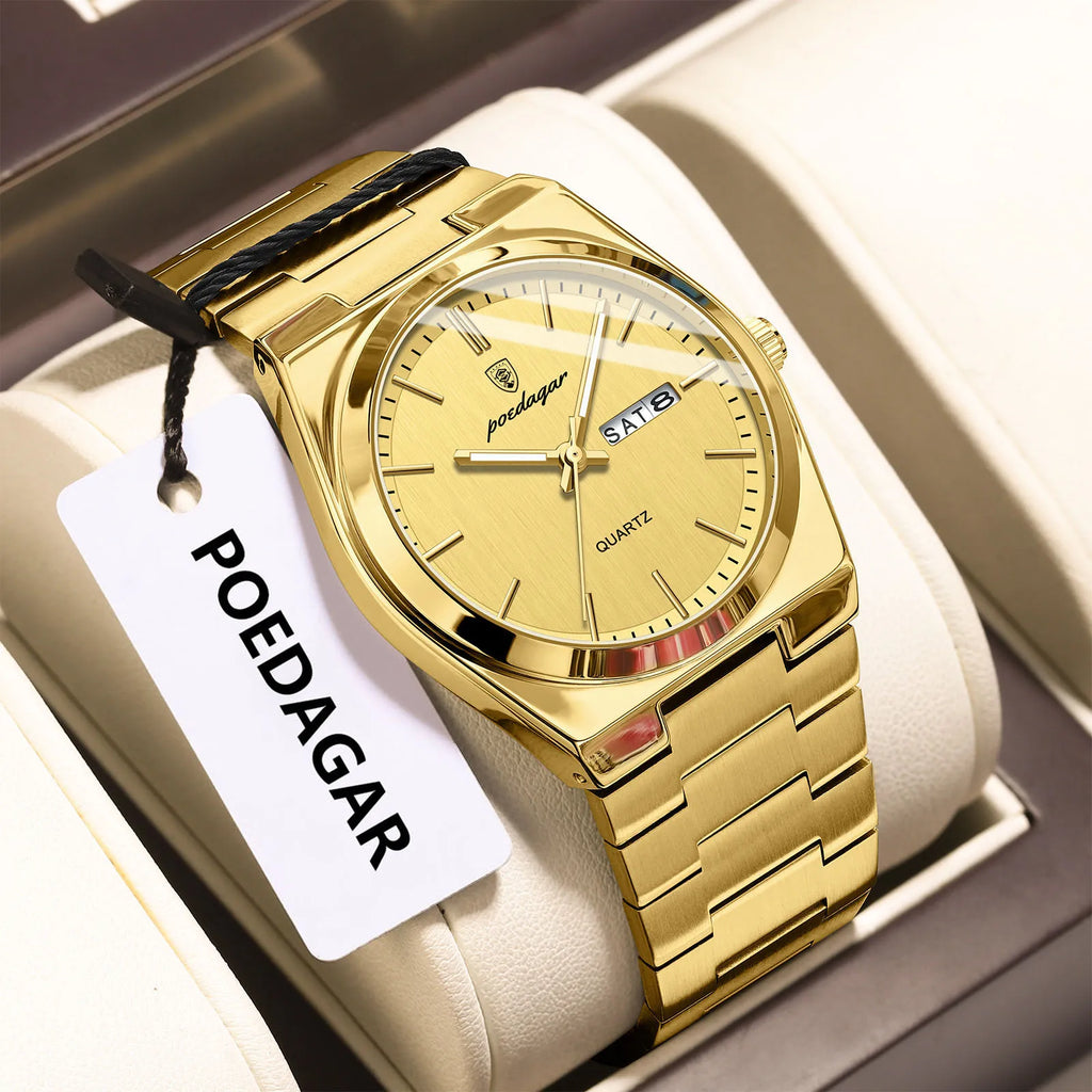 POEDAGAR Luxury Men's Quartz Wristwatch Waterproof Luminous Date Week Man Watch Stainless Steel Business Fashion Watches For Men