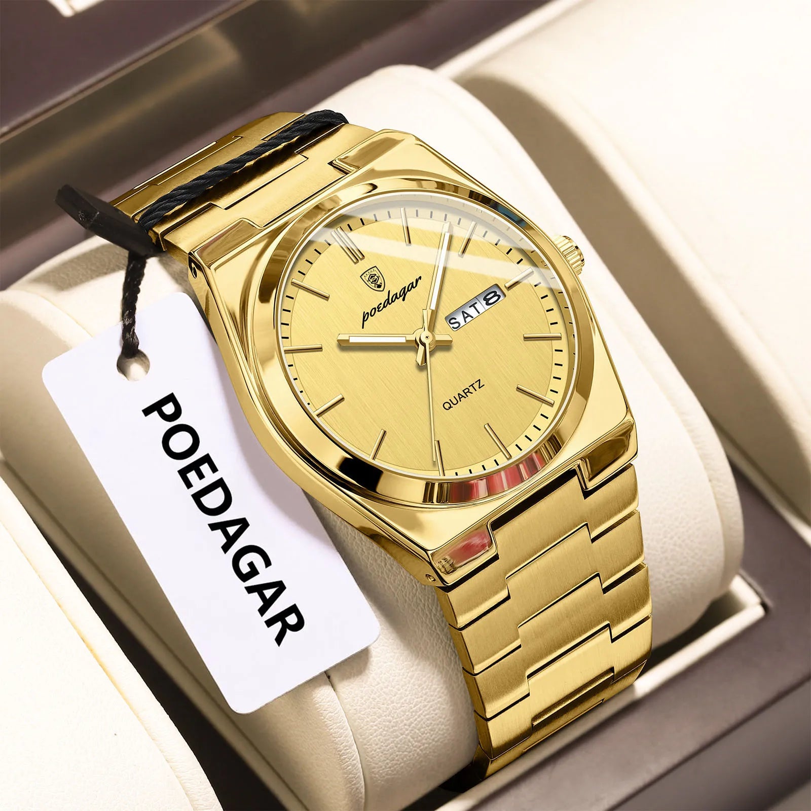 POEDAGAR Luxury Men's Quartz Wristwatch Waterproof Luminous Date Week Man Watch Stainless Steel Business Fashion Watches For Men