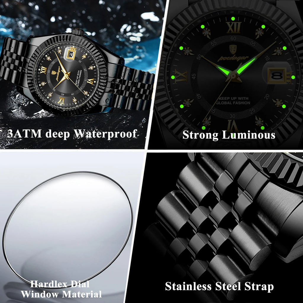 POEDAGAR Top Fashion Wristwatch For Men Waterproof Luminous Date Business Man Watch Stainless Steel Quartz Classic Men's Watches