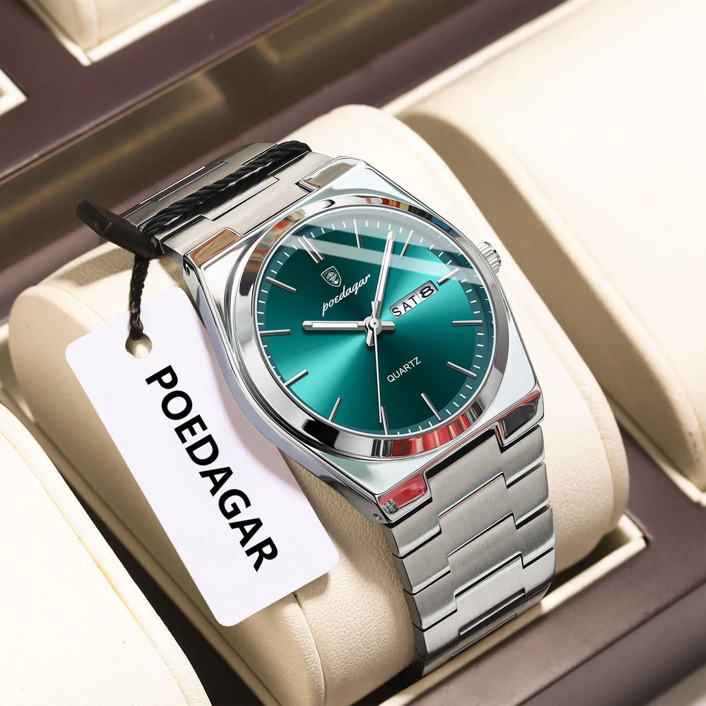 POEDAGAR Luxury Men's Quartz Wristwatch Waterproof Luminous Date Week Man Watch Stainless Steel Business Fashion Watches For Men