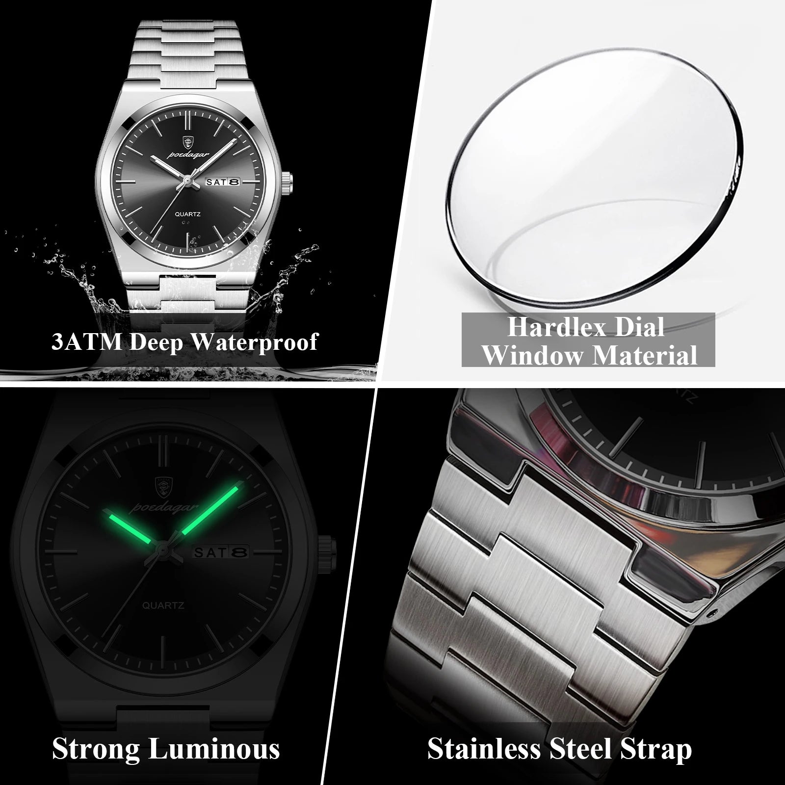 POEDAGAR Luxury Men's Quartz Wristwatch Waterproof Luminous Date Week Man Watch Stainless Steel Business Fashion Watches For Men